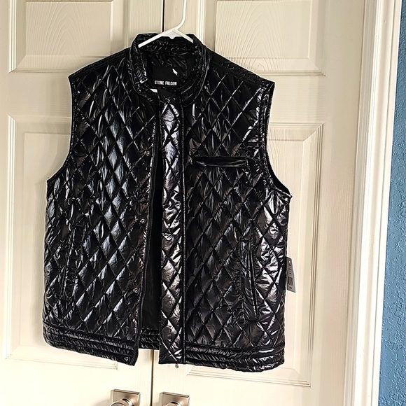 New Stone Falcon Shiny Puffer Vest Diamond Design 3 Zippered pockets. XL. Black - Picture 4 of 13